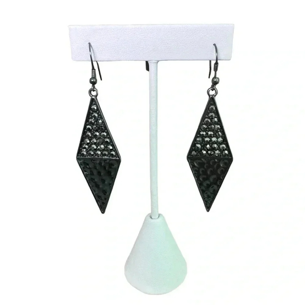 2” Drop Dangle Triangle Diamond Shaped Rhinestone Dark Silver Earrings